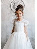 Short Sleeve Ivory Organza Deep V Back Flower Girl Dress Short Sleeve Ivory Organza Deep V Back Flower Girl Dress